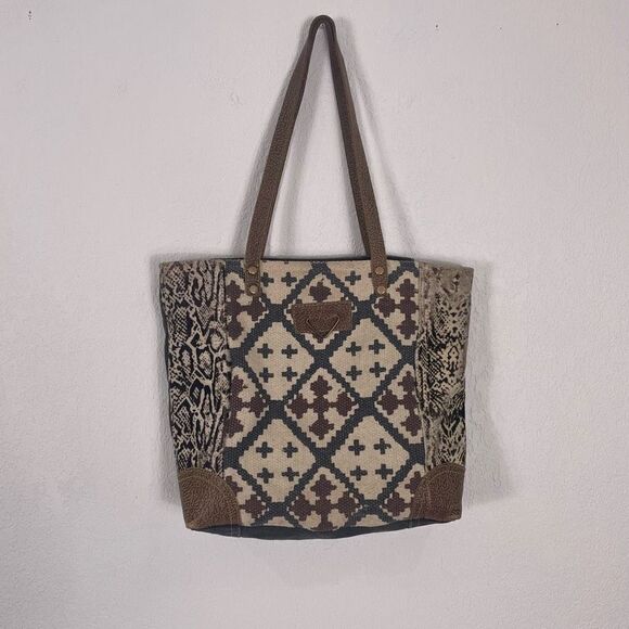 Myra Bag Cream with Grey and Brown Patterned Canvas Large Tote Bag - Picture 1 of 11